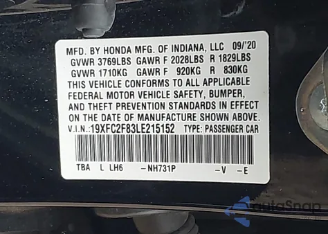 2020 Honda Civic Sport z USA, uszkodzony, nr VIN 19XFC2F83LE215152